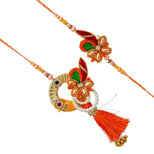 Image of eCraftIndia Orange Floral Designer Rakhis for Brother and Bhabhi | Bhaiya Bhabhi Rakhi Set of 2 | Lumba Rakhi for Bhabhi | Best Bro Ever Fridge Magnet | Roli Chawal Pack