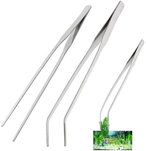 Pinzas Acuario 27cm Acero Inoxidable, Juego 2 Piezas Rectas y Curvas, Reptiles (Lagarto Serpiente) Arañas, Herramienta de Alimentación