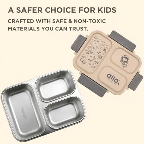 Image of Allo Bento Stainless Steel Lunch Box for Kids- BIS Approved, 304 Stainless Steel 3 Compartment Leakproof Tiffin Box for Boys and Girls for School, Travelling, Baby Snacks, 740ml Beige Space