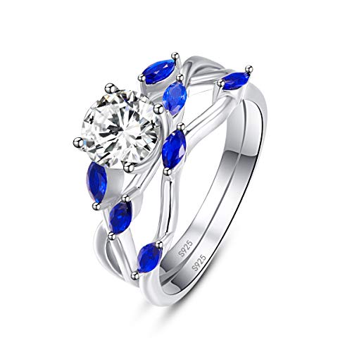 AVECON Sterling Silver Round Cubic Zirconia with Marquise Cut Created Blue Sapphire Twisted Vine Bridal Ring Set(8)