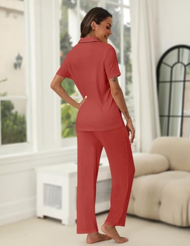 Image of HNG Women Pajamas Set 2 Piece Button Up Pajamas Pant and Short Sleeve Shirt for Woman Pj Sets with Pocket