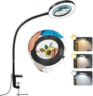 10X Magnifying Glass with Light, Real Glass Veemagni Desk Lamp with Clamp, 3 Color Modes Stepless Dimmable, Adjustable Gooseneck LED Lighted Magnifier with light and Stand for Crafts Repair Close Work