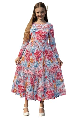 RONGTAI Girl Layered Swing A-Line Long Sleeve Dress Lightweight Casual 5D Printed Party Dresses for Little Kids 6-13Y