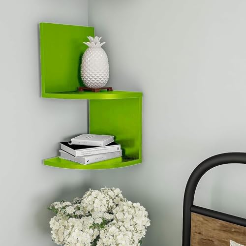 Image of Wall Mount Corner Shelves with Two Tiers for Wall Decoration and Storage Organiser Rack for Living Room, Bedroom, and Office Decor - Made of Wood (Green)