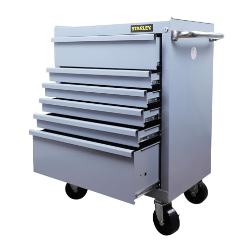 STANLEY STST74423-8 6 Drawer Eco Roller Cabinet, Grey, Multi Size Drawers, Lockable, Perforated Side Panels, Roller Castor Wheels for Mobility, Dimensions: 69.9x46x79.7 cm