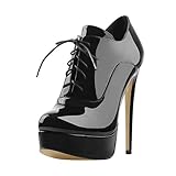 Onlymaker Women\'s Sexy High Heel Platform Ankle Bootie Lace Up Stiletto Comfortable Boots Black Patent Leather EU42
