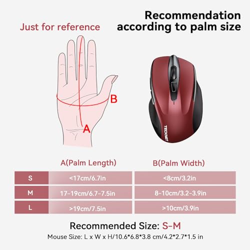 Image of TECKNET Wireless Mouse, BT 5.0 /2.4G, Rechargeable 6-DPI Silent, Red | Bluetooth 5.0 /3.0 & USB A, 2-Device Easy Switch, Wide OS Compatible, 6 Buttons, 6-DPI up to 4800, Ergonomic for S to M Hands