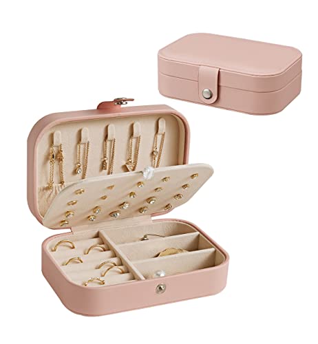 Girls Jewelry Box,Double Layer Necklace Ring Storage，Small Travel Jewelry Organizer，PU Leather/Pink，Gift for Girls，Jewelry Display Box for Rings Earrings Necklaces Bracelets