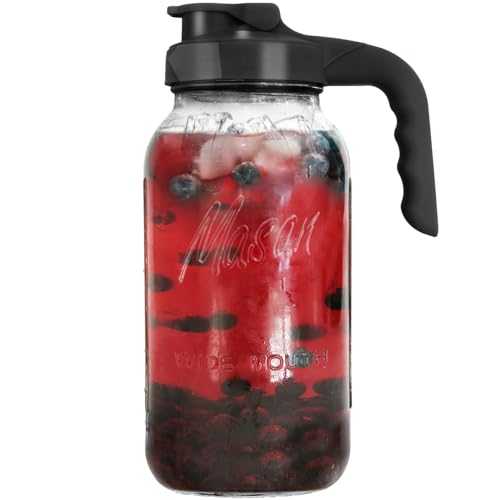 Image of Glass Mason Jar Pitcher with Lid - Wide Mouth 2 Quart (64 oz / 1.9 Liter) Heavy Duty - Leak Proof Water Jug with Filter Lid for Juice, Milk, Cold Brew Coffee, Iced Tea, Drinks and More - Black