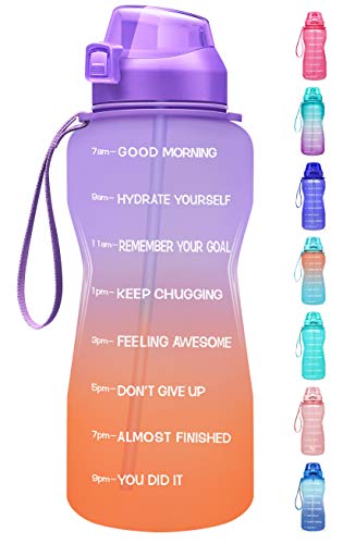 Fidus Large Half Gallon/64oz Motivational Water Bottle with Time Marker & Straw,Leakproof Tritan BPA Free Water Jug,Ensure You Drink Enough Water Daily for Fitness-Purple/Coral Gradient