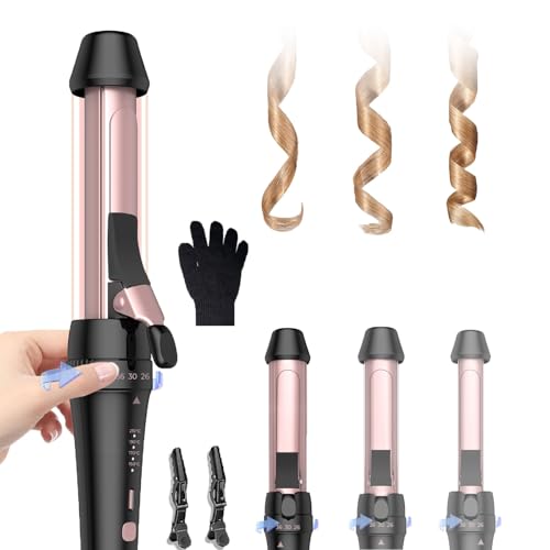 3 in 1 Lockenstab 26mm/30mm/36mm, Lockenstab für Kurze Haare und Lange Haare, Drehbarer Ring zum Wechseln der Größen Ohne Zubehörwechsel, Reise-Doppelspannung (Schwarz-Rose)