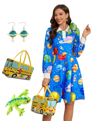 Image of Womens long Sleeve Peter Pan Collar Aline Dress for Halloween Role Play Party Teacher Costume with Bus Bag