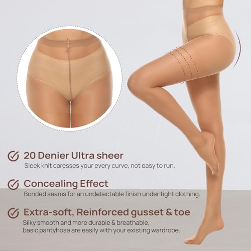MANZI 6 Pairs Women's 20D Sheer Silky Pantyhose Run Resistant Nylon Tights High Waist Stockings with Control Top