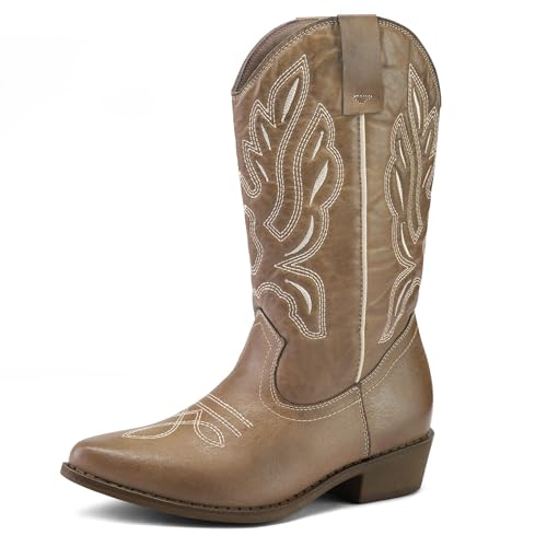 mysoft Women's Western Cowboy Boots Embroidered Mid-Calf Pointed Toe Cowgirl Boot