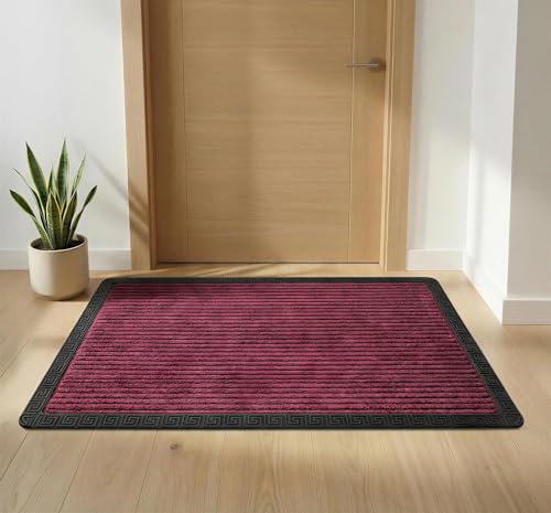 Image of Yellow Weaves Large Size (60x90 cm) Door Mat for Home Entrance, Outdoor Rubber Mat - Non-Slip, Anti Skid Foot Mat, Dirt Trapper, Heavy-Duty, Waterproof Doormat (Stripe Design, Wine Color)