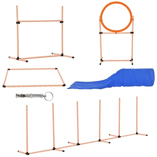 PawHut Hunde Agility Set 5-teiliges Hundetrainigsset Agility-Ausrüstung für Hundetraining, Steckhürdenset mit Hundetunnel, Slalomstangen, höhenverstellbar Hürden Trainingszubehör für Spiele Training
