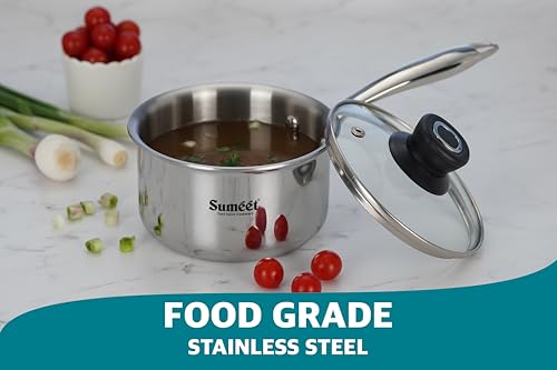 Image of Sumeet Cook Smart TriPly Stainless Steel Induction Base Saucepan with Glass Lid - 1.7 LTR - 16Cm, Pack of 1, Silver