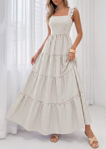 PRETTYGARDEN Womens 2026 Summer Casual Maxi Dresses Striped Square Neck Sleeveless Boho Flowy Sundress Beach Vacation Clothes (Brown,X-Small) — view 6