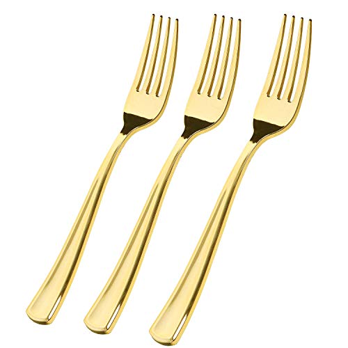 WDF 225 Gold Plastic Forks7.4inch - Heavyweight Disposable Gold Silverware-Perfect Plastic Utensils for Parties, Weddings and Catering Events (Gold Forks)
