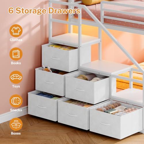 Image of Bunk Bed Twin Over Twin with Storage Stairs, Metal Bunk Beds for Kids