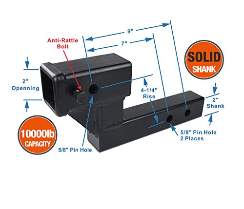 Toptow 64122 2-Inch Receiver Trailer Hitch Extension Riser With 4.25-Inch Rise/Drop, 7" & 9" Extender, 2-Inch Solid Shank, 10000Lbs Towing Capacity, Anti-Rattle Bolt #TOP1