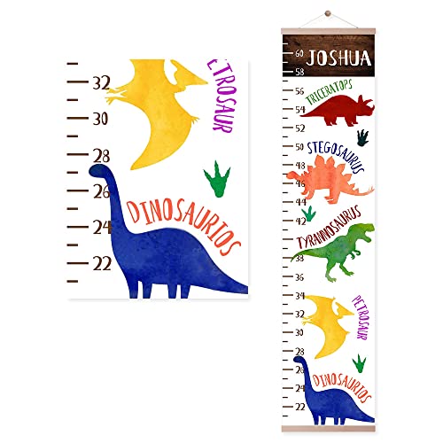 Personalized Name Kids Growth Chart Ruler Flower Dinosaur Growth Ruler Canvas Wall Ruler Oak Solar Woodland Theme Kids Height Chart Baby Wall Growth Chart with Custom Name (Dinosaur)