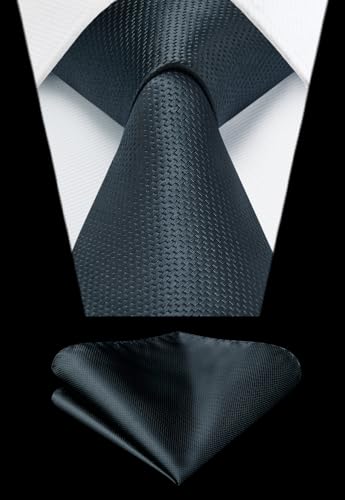 HISDERN Grey Black Ties for Men Plaid Mens Ties with Pocket Square Set Formal Mens Ties Handkerchiefs Dark Gray Silk Satin Neckties Set Business Wedding - Thumbnail 7