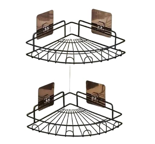 (Pack of 2) Self-Adhesive Metal Kitchen and Bathroom Corner Rack Storage Shelves Shelf Organizer Storage Stainless Steel Wall Shelf Corner-Black Bath Shelves|SAA-P042
