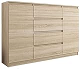 Funktionale Schubladen Framire R-140-S4 Kommode in Sonoma Eiche, Kommode mit 4 Schubladen, 2 Türen, Schrank für Schlafzimmer, Wohnzimmer, Bad, 98 x 139 x 40 cm
