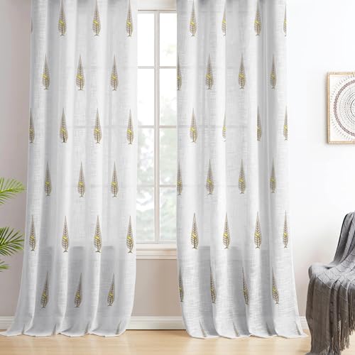 Image of Tranquebar Curtain Co. Sheer Curtains 7 Feet Long Set of 2, Linen Textured Sheer Fabric, 20-30% Light Filtering, Yellow Bird Print, White Sheer Curtains 7 Feet, BackTabs, Tori (213 cm) - Set of 2