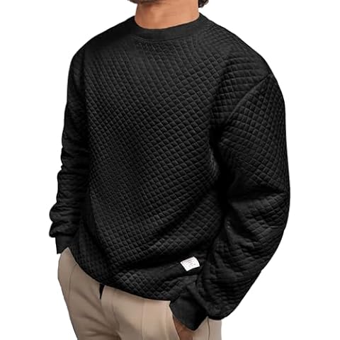 JEMLDL Crew Neck Sweatshirt for Men Solid Color Geometric Texture Long Sleeve Casual Pullover Shirt Black US(50) XX-Large Cover