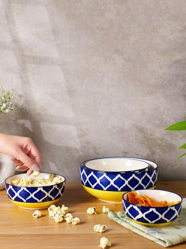 Image of Niyara Stoneware Handmade Ceramic Stylish Premium Serving Bowls /Salad Tray Microwave Dishwasher Safe Set of 4 (Yellow Moroccan Print)