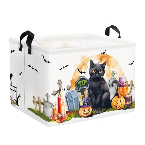 Image of Clastyle Large Spooky Halloween Baby Gift Basket Stuffers Boy Girl Pumpkin Bat Graveyard Boo Nursery Bin Kid Book Toy Box Collapsible Clothes Organizer for Bedroom,Cat,40 * 30 * 30 cm