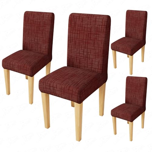 Image of Lukzer Elastic Dining Chair Cover - 4PC Pastel Deep Maroon Tangled Lines | Textured High Stretch Jacquard Seat Cover | Removable Washable Short Dining Chair Cover Protector Seat Slipcover | CC-123-04