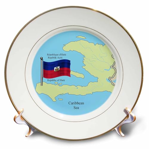 3dRose The Flag, Map Republic of Haiti in English, French, Haitian Creole Plate, 8