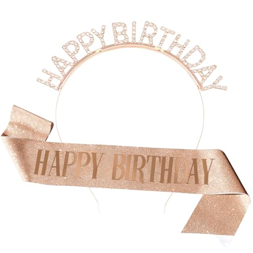 Tiara de aniversário, faixa para o cabelo com mensagem de feliz aniversário coroa de princesa com diamantes de imitação faixa para o cabelo com mensagem de feliz aniversário (ouro rosa)