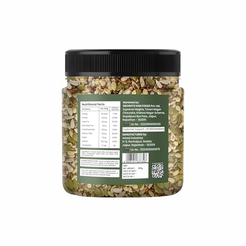Image of Growfitz 5-in-1 Super Seed Mix | Pack of 2 (250g Each)| 20.5g High Protein & Fiber | Roasted Pumpkin, Sunflower, Flax, Chia, Soy Nuts & Sesame | Healthy Snack | Export Quality Superfood