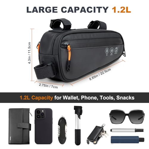 Image of NDakter Bike Triangle Frame Bag, Bicycle Storage Pouch with 2 Side Pockets, 3-in-1 Top Tube Bags for Phone, Waterproof Cycling Tool Accessories Pack for MTB Mountain Road Bikes(1.2L)