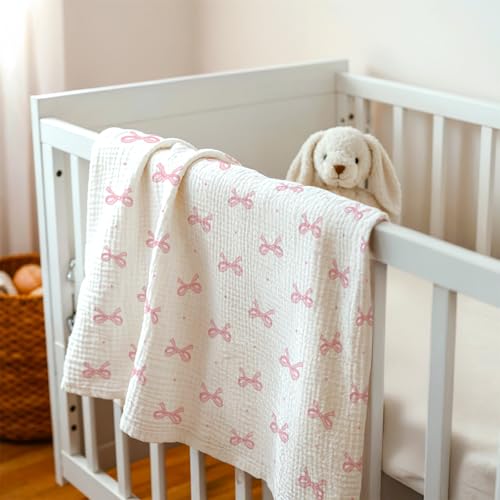 Image of Bow Baby Blankets for Girls, Soft Nursery Minky Blankets with Muslin and Dotted Fleece Back 30x40 inches, Receiving Bed Quilt for Newborn, Infants, Toddlers