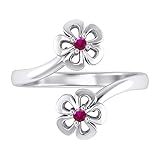 Pretty Jewels 925 Sterling Silver Round Cut Blue Sapphire, Ruby, Emerald, Black Diamond Bypass Flower Women's Adjustable Toe Ring (14k White Gold Finish)