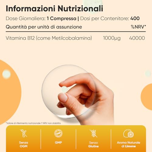 Vitamina B12 Masticabile 1000 mcg, Metilcobalamina 400 Compresse Vegan per 13+ Mesi, Vitamina B12 Sublinguale al Gusto Limone, Vitamina B per la Normale Funzione del Sistema Immunitario (Vitamine B) - 5
