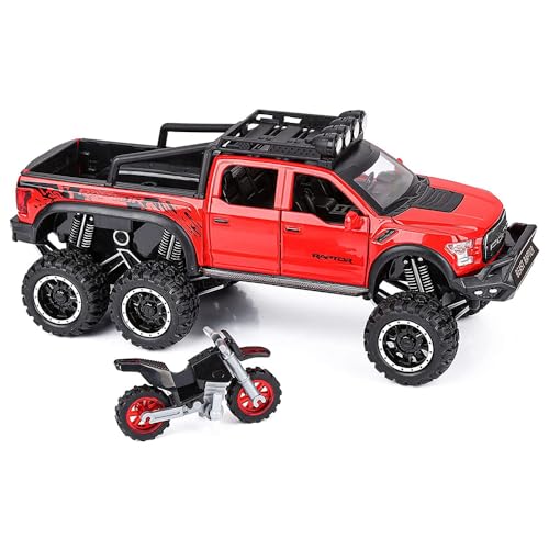 Image of New 1:24 Raptor F150 Diecast Alloy Metal Pull Back Car with Openable Doors Music Sound and Light Vehicle Toy Car for Kids Boys (Red)
