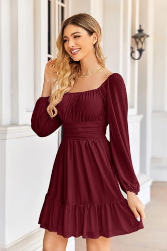 Imily Bela Damen Kleider Square Neck Partykleid Mesh Minikleid High Waist Falten Langarmkleid Hochzeitsgast mit Rüschen(Weinrot, M)