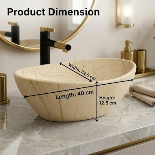 Image of Ceramic Tabletop Wash Basin - Glossy Bowl Shape Countertop Vessel Sink with Marble Finish for Bathroom & Vanity | Compact 16 x 13 x 5 Inch | Elegant Washbasin