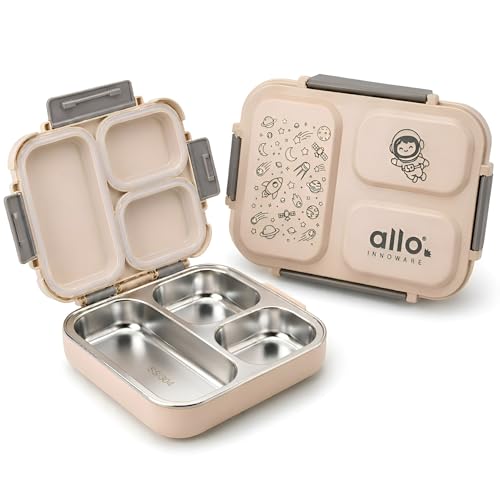 Image of Allo Bento Stainless Steel Lunch Box for Kids- BIS Approved, 304 Stainless Steel 3 Compartment Leakproof Tiffin Box for Boys and Girls for School, Travelling, Baby Snacks, 740ml Beige Space