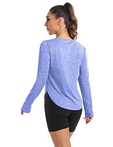 Yoetaun Women's Workout Shirts Long Sleeve Boat Neck Gym Athletic Sports Tee Shirt Quick Dry Top Loose Fit Blue L #TOP3