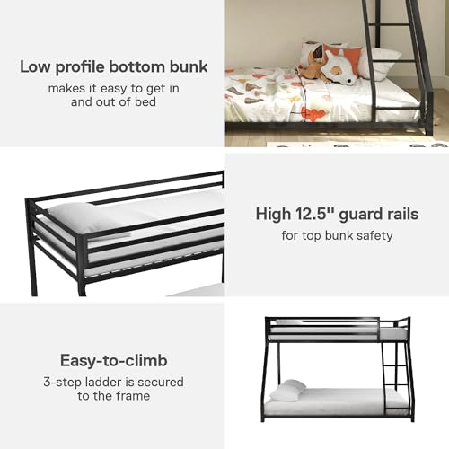 DHP Miles Metal Bunk Bed Frame for Kids, Twin/Full Bunk Beds with Built-in Ladder, High Guardrail, No Box Spring Required, Small Spaces, Twin-Over-Full, Black by DHP - Image 3