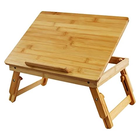 WKWKER Bambus Laptop Schreibtisch mit klappbaren Beinen Oberfläche Neigen Workstation Verstellbarer Tisch Laptop Ständer Betttablett Cover