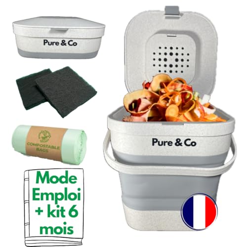 Pure&Co -Composteur Cuisine Pliable 4L -Poubelle Compost Table Déchet Alimentaire -Anti Odeur Couvercle+Filtre-Bioseau -Appartement Petit Plan Travail -Jardin...