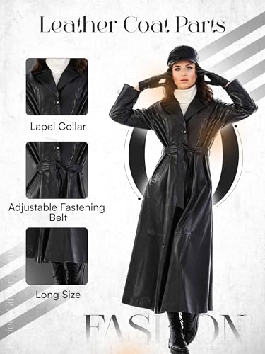 Winter Black Trench Coat - 100% Genuine Leather Long Coats Women - Belted Adjustable3
